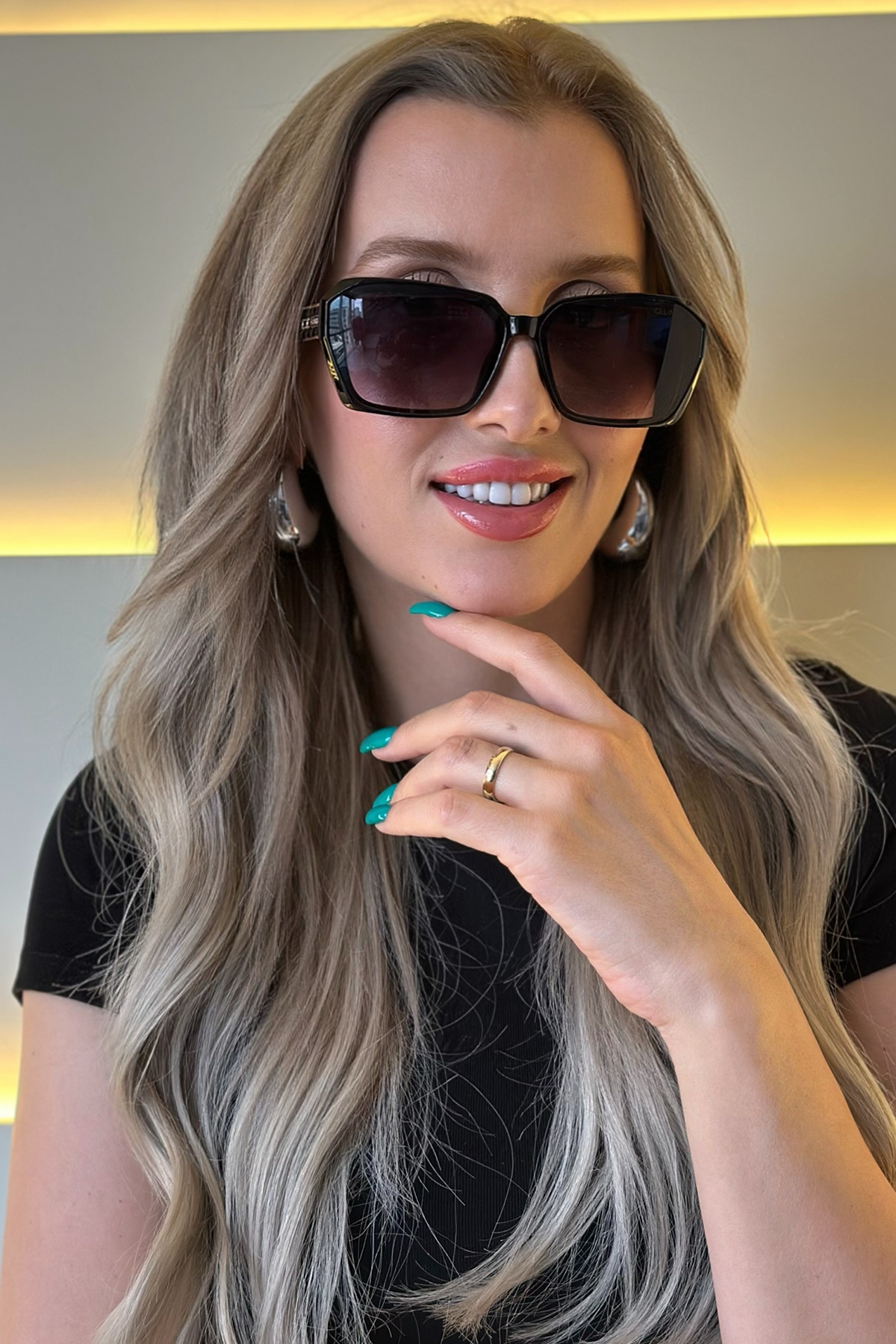 Cln - Güneş Gözlüğü Siyah Üç Logo Detay Lacivert Cam 07-2025-1