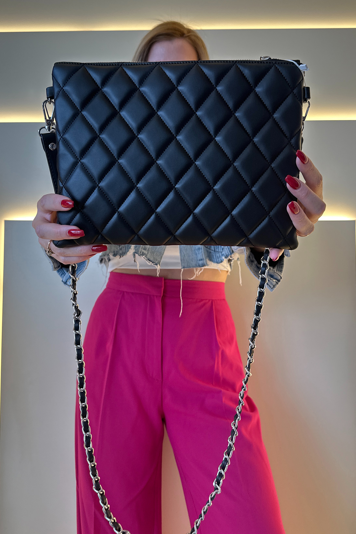 Chnl - Clutch Siyah Silver Detay Deri