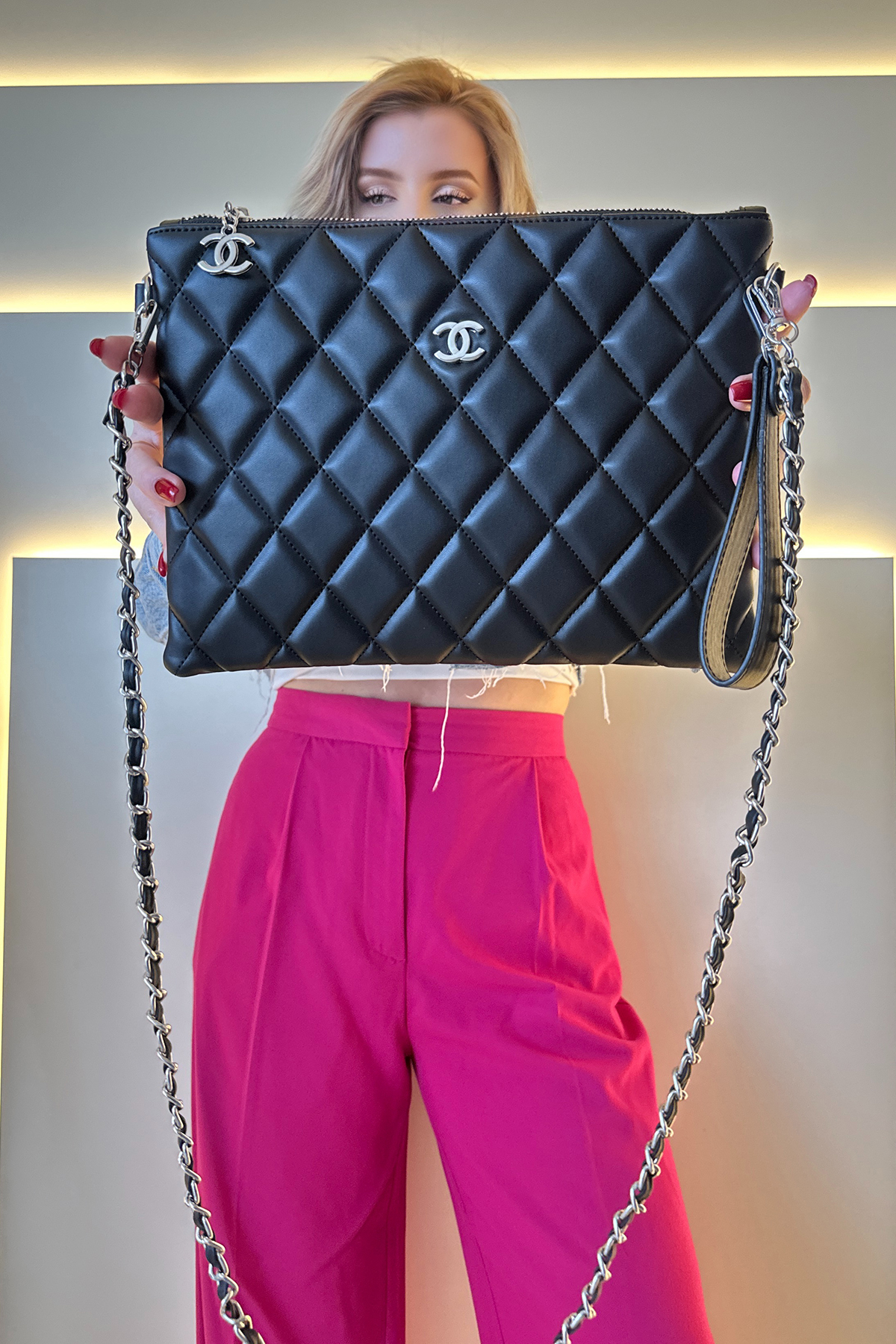 Chnl - Clutch Siyah Silver Detay Deri