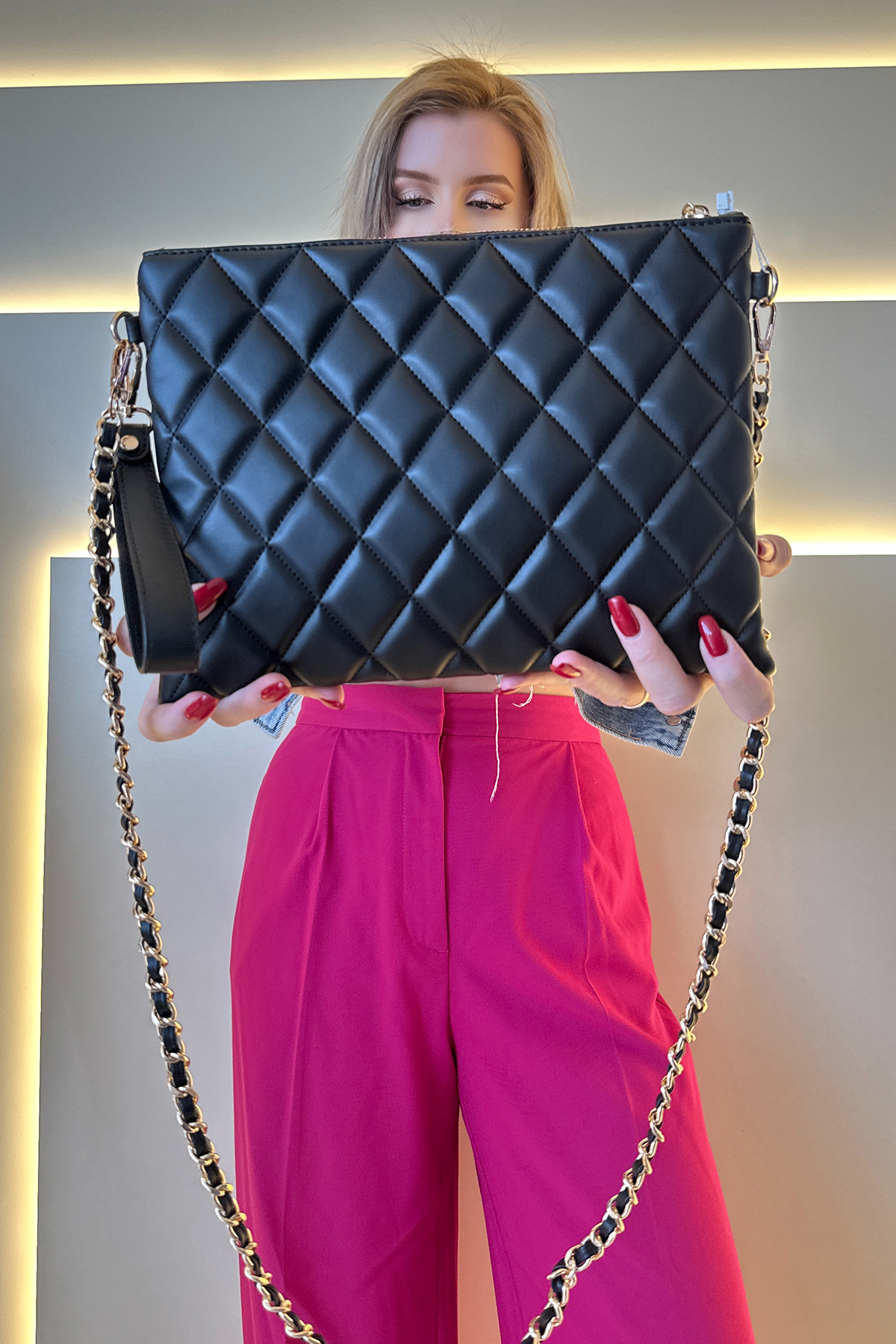 Chnl - Clutch Siyah Gold Detay Deri